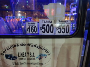 Přepravní ceny v MHD. Školní, normální, noční. Calama, Chile